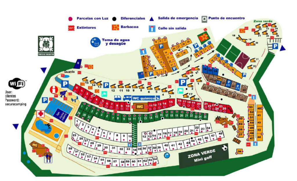 Plano del Camping Ribadesella con zonas de parcelas, piscinas y servicios